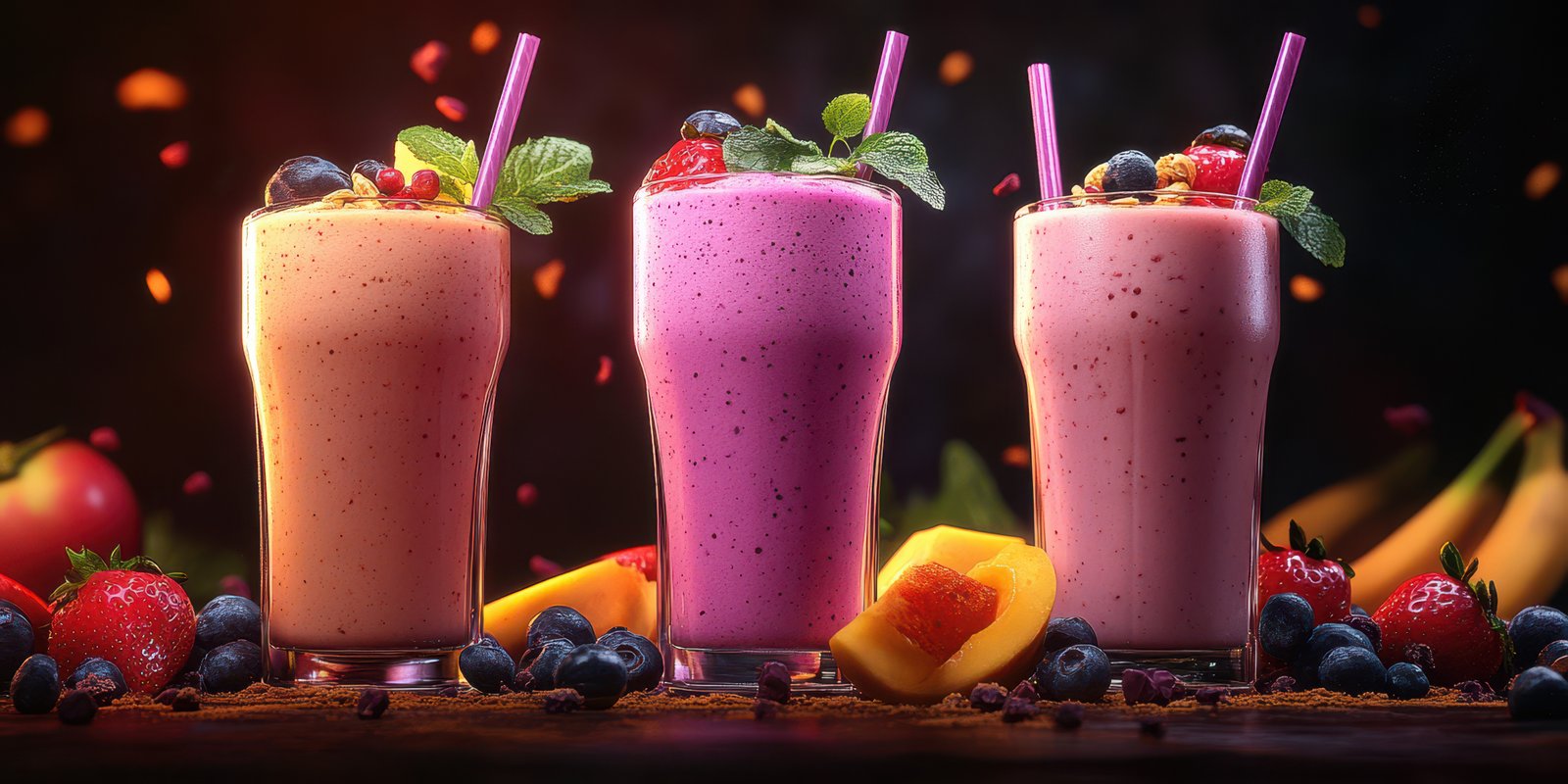 Vibrant fruit smoothies with fresh ingredients served in tall glasses on a dark background during a summer gathering